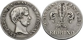 Firenze. Leopoldo II di Lorena (1824-1859). Fiorino 1857. D/ Testa nuda a destra, grossa e adulta. Sotto il taglio del collo, G N (Giuseppe Niderost, ...
