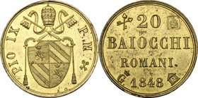 Gaeta. Pio IX (1846-1878). 20 baiocchi 1848 coniati durante l'esilio del Papa a Gaeta (1848-1849). D/ Stemma sormontato da chiavi decussate e tiara. R...