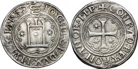 Genova. Gian Galeazzo Maria Sforza (1488-1494). Testone da 20 soldi o lira genovese. D/ Castello tra due stelle, in cornice i dieci archi con anelli, ...