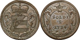 Gorizia. Carlo VI d'Asburgo (1711-1740). 2 soldi 1734. D/ Scudo di forma sannitica, tagliato con il leone di Gorizia e con le bande di Aquileia in car...