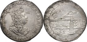 Livorno. Cosimo III de' Medici (1670-1723). Tollero 1680. D/ Busto a destra con corona dentata e con lunga capigliatura. R/ Veduta del porto di Livorn...