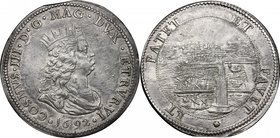 Livorno. Cosimo III de' Medici (1670-1723). Tollero 1692. D/ Busto a destra, adulto, con corona dentata e lunga capigliatura. R/ Veduta del porto di L...