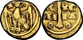 Manfredonia. Manfredi (1258-1266). Multiplo di tarì. D/ Aquila in piedi con testa volta a destra; dietro la testa una stella a cinque raggi. R/ Croce ...