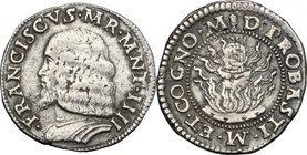 Mantova. Francesco II Gonzaga (1484-1519). Testone. D/ Busto a sinistra con lunghi capelli. R/ Crogiolo con verghe tra le fiamme. CNI 62 var. Rav. Mor...
