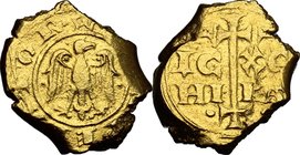 Messina. Federico II (1197-1250). Multiplo di tarì. D/ Aquila coronata con testa volta a destra (corona nel giro della legenda); ai lati della testa e...