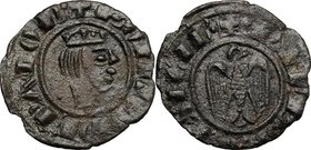 Messina o Brindisi. Federico II (1197-1250). Mezzo denaro 1243. D/ Testa a destra coronata dell'imperatore. R/ Aquila ad ali spiegate. Sp. 127. MEC 14...