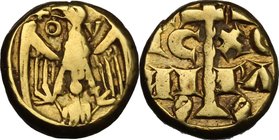 Messina. Manfredi (1258-1266). Multiplo di tarì. D/ Aquila con ali spiegate di fronte con testa nuda volta a sinistra; ai lati della teste le sigle +o...