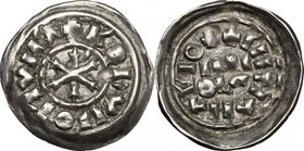 Milano. Rodolfo II di Borgogna (922-926). Denaro scodellato. D/ Cristogramma. R/ MDI/OLA. CNI 2. MEC 1,1021. MIR 28. AG. g. 1.35 mm. 20.60 RRR. SPL.