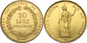 Milano. Governo Provvisorio (1848). 20 lire 1848. D/ 20 / LIRE / ITALIANE entro corona di rami di alloro e di quercia. R/ L’Italia con corona turrita ...