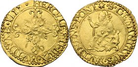 Modena. Ercole II d'Este (1534-1559). Scudo d'oro del sole. D/ Croce gigliata e ornata, accantonata da quattro gigli. R/ San Geminiano nimbato e mitra...