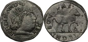 Napoli. Ferdinando I d'Aragona (1458-1494). Cavallo. D/ Testa a destra radiata. R/ Cavallo gradiente a destra con la zampa destra alzata; sotto, A. P/...