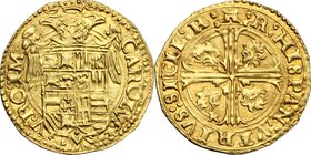 Napoli. Carlo V (1516-1556). Scudo d'oro con sigla R, Luigi Ram maestro di zecca. D/ Stemma Asburgo caricato su aquila bicipite coronata. R/ Croce gre...