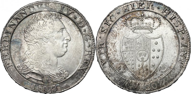 Napoli. Ferdinando IV (1759-1805). Piastra 1805, sigle LD, Luigi Diodati maestro...