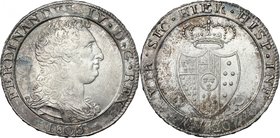 Napoli. Ferdinando IV (1759-1805). Piastra 1805, sigle LD, Luigi Diodati maestro di zecca. D/ Busto del re con capelli ricci volto a destra. R/ Stemma...