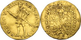 Parma. Ranuccio I Farnese (1592-1622). Ongaro 1603. Sigle L S, Ludovico Selvatico maestro di zecca. D/ Il duca in piedi di fronte, volto a sinistra, t...