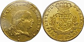Parma. Ferdinando di Borbone (1765-1802). Doppia 1787. D/ Testa a destra con lunghi capelli annodati con nastro diero la nuca. Sotto, S e stella. R/ S...