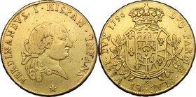 Parma. Ferdinando di Borbone (1765-1802). Da 8 doppie 1796. D/ Testa a destra con lunghi capelli annodati con nastro diero la nuca. Sul taglio dell'in...