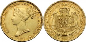 Parma. Maria Luigia (1815-1847). 40 lire 1815. D/ Mezzo busto a sinistra con testa diademata; sotto 1815 tra melagrana e coppa capovolta. R/ Su manto ...
