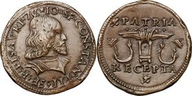 Pesaro. Giovanni Sforza (1480-1500 e 1503-1510). Prova del testone o medaglia (?). D/ Busto corazzato con lunghi capelli volto a destra. R/ Giogo spez...