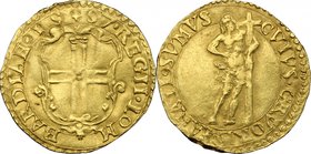 Reggio Emilia. Ercole II d'Este (1534-1559). Scudo 1557. D/ Scudo di forma sannitica, ornato con l'arme di Reggio. R/ Gesù Cristo ignudo sostiene la c...