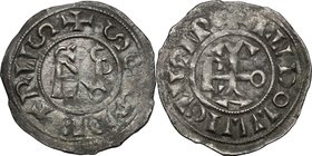 Roma. Nicolò I (858-867) con Ludovico II (855-867). Denaro antiquiore. D/ NICOLAVS in monogramma. R/ ROMA in monogramma. CNI 1. M. 1. Fusconi 15. Berm...