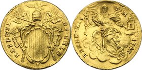 Roma. Benedetto XIV (1740-1758). Zecchino 1743. D/ La Santa Chiesa velata e con il capo raggiante, seduta di fronte sulle nubi, tiene nella destra alz...