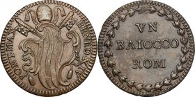 Roma. Benedetto XIV (1740-1758). Baiocco. D/ Stemma Lambertini sormontato da tiara, chiavi e cordoni ai lati. R/ VN/ BAIOCCO/ ROM in corona di fiori. ...