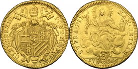 Roma. Clemente XIII (1758-1769). Doppio zecchino 1766 A. VIII. D/ Stemma Rezzonico in cornice a doppie volute in alto con conchiglia ed in basso con t...