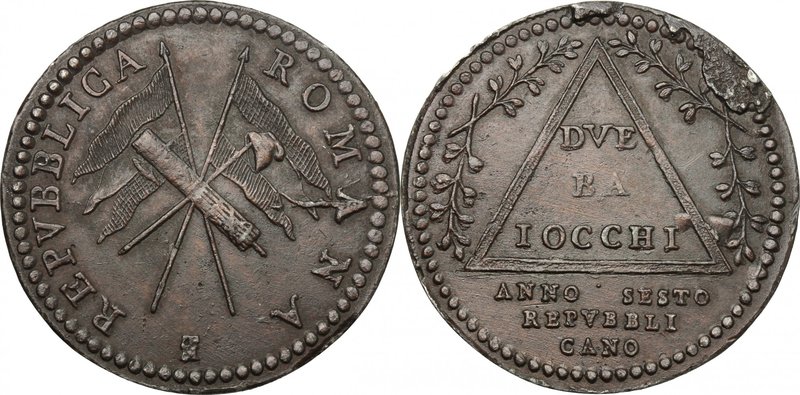 Roma. Repubblica Romana (1798-1799). Due baiocchi A. VI. D/ Trofeo di due bandie...
