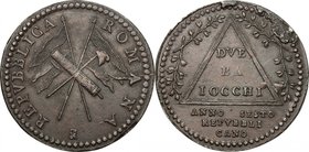 Roma. Repubblica Romana (1798-1799). Due baiocchi A. VI. D/ Trofeo di due bandiere, fascio e pileo. R/ DVE / BA / IOCCHI entro triangolo con rami di a...