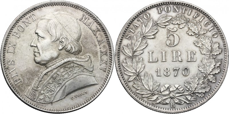 Roma. Pio IX (1846-1878). 5 lire 1870 A. XXV. D/ Busto del Pontefice a sinistra ...