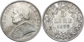Roma. Pio IX (1846-1878). 5 lire 1870 A. XXV. D/ Busto del Pontefice a sinistra con zucchetto, mozzetta e stola. R/ 5 LIRE/ 1870 entro due rami di all...