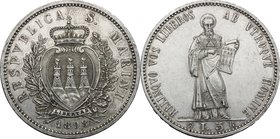 San Marino. Prima Monetazione (1864-1906). 5 lire 1898. D/ Stemma a cuore coronato con tre torri nel campo entro due rami d'alloro e quercia. R/ San M...