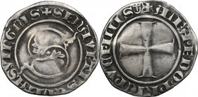 Siena. Repubblica (1180-1390). Emissione tra il 1351 e il 1370. Grosso da 5 soldi , simbolo crescente lunare sormontata da croce. D/ Grande S fogliata...