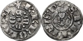 Sulmona. Carlo III di Durazzo (1382-1385). Bolognino. D/ Le lettere S M P E accostate da globetti e attorno a rosellina. R/ Busto di fronte del Papa m...