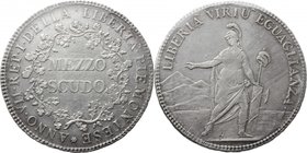 Torino. Repubblica Piemontese (1798-1799). Mezzo scudo 1799, A. VII. D/ In ghirlanda di quercia MEZZO/ SCVDO. R/ Figura elmata e paludata stante di fr...
