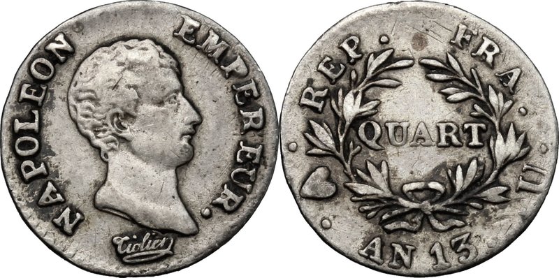 Torino. Napoleone (1804-1814). Quarto di franco AN. 13, 1804-05. D/ Volto a dest...