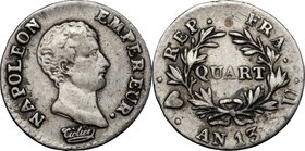 Torino. Napoleone (1804-1814). Quarto di franco AN. 13, 1804-05. D/ Volto a destra; sotto, firma dell'incisore Ciolier. R/ QVART in corona di d'ulivo....