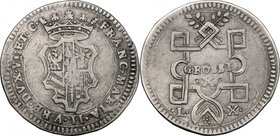 Urbino. Francesco Maria II della Rovere (1574-1624). Mezzo scudo da 10 grossi. D/ Stemma coronato a testa di cavallo con sedici lati rettilinei e curv...