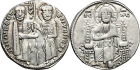 Venezia. Marino Morosini (1249-1253). Grosso matapan. D/ San Marco, in piedi a destra, porge il vessillo al Doge stante a sinistra. R/ Il Redentore in...