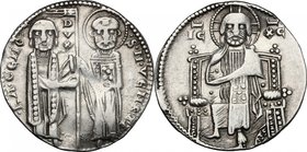 Venezia. Ranieri Zeno (1253-1268). Grosso matapan. D/ San Marco, in piedi a destra, porge il vessillo al Doge stante a sinistra. R/ Il Redentore in tr...