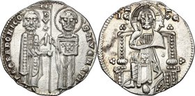 Venezia. Pietro Gradenigo (1289-1311). Grosso matapan. D/ San Marco, in piedi a destra, porge il vessillo al Doge stante a sinistra. R/ Il Redentore i...