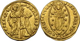 Venezia. Pasquale Malipiero (1457-1462). Ducato. D/ San Marco in piedi a sinistra, volto a destra, tiene nella sinistra il libro e porge con la destra...