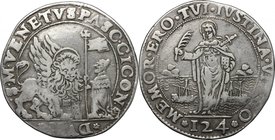 Venezia. Pasquale Cicogna (1585-1595). Ducato con Santa Giustina da 124 soldi, secondo tipo, con galere. D/ A sinistra leone gradiente verso destra, d...