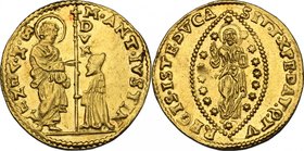 Venezia. Marcantonio Giustinian (1684-1688). Zecchino. D/ San Marco in piedi a sinistra, volto a destra, tiene nella sinistra il libro e porge con la ...