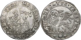 Venezia. Francesco Morosini (1688-1694). Ducato. Sigle A G, Alvise Gritti, massaro dal 1687. D/ San Marco a sinistra, seduto in trono, rivolto a destr...