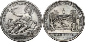 Venezia. Scuola Grande di San Giovanni Evangelista. Medaglia A. IV. D/ Il Santo seduto sopra una rupe ed inclinato verso destra, tiene sollevata la pe...