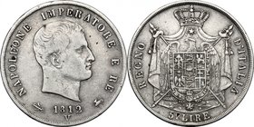 Venezia. Napoleone (1805-1814). 5 lire 1812. D/ Testa nuda a destra. R/ Stemma in padiglione coronato con aquila ad ali spiegate, sormontata da stella...