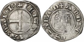 Amedeo V (1285-1323). Grosso di Savoia, zecca di Chambery. MIR 43b. Biaggi 35. Simonetti 2. AG. g. 2.75 mm. 24.00 RR. qBB.