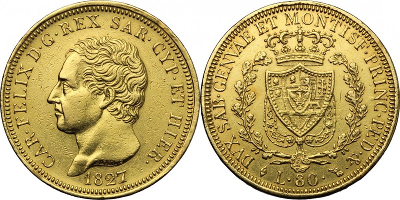 Carlo Felice (1821-1831). 80 lire 1827 Torino. Pag. 30. Mont. 9. AU. mm. 33.00 M...